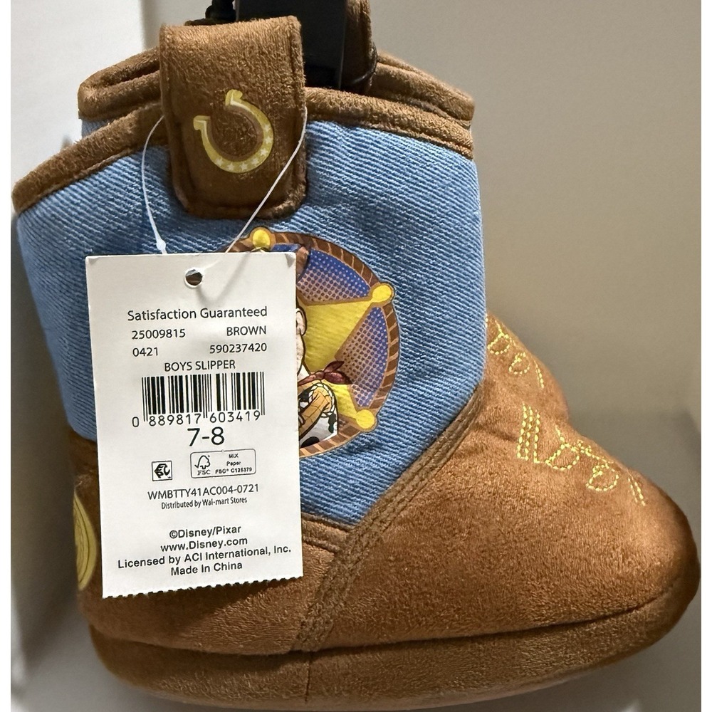 Disney Pixar Toy Story Woody Boys Bootie Slippers Brown Blue Size 7-8 Non-Slip
